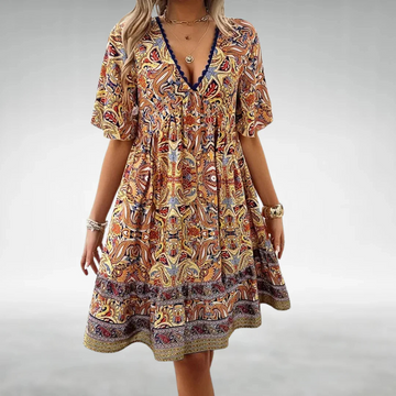 Mini abito boho donna – scollo a V estivo con maniche corte