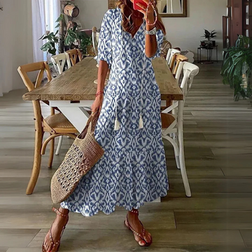 Maxi abito boho donna – stampa estiva con maniche corte e laccio