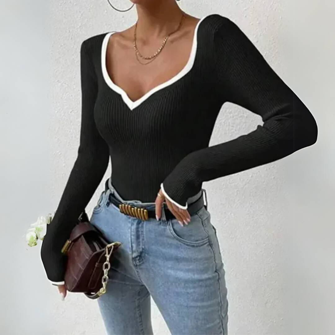 Maglia donna maniche lunghe – scollo a V a costine casual