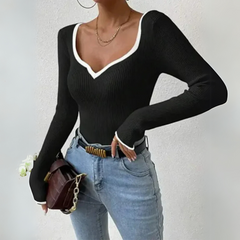 Maglia donna maniche lunghe – scollo a V a costine casual